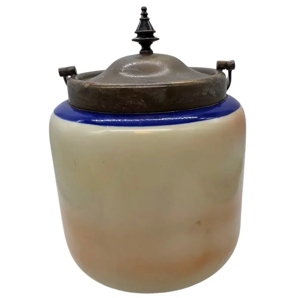 VINTAGE CZECH DESERT SCENE COVERED BISCUIT JAR PORCELAIN WITH METAL FRAME